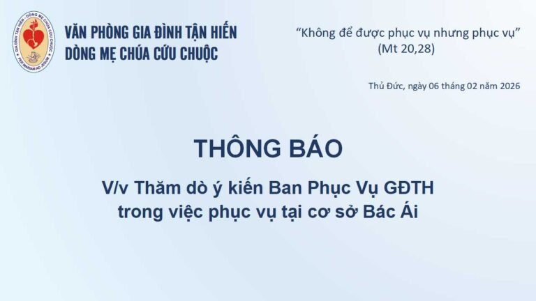 Thông báo V/v thăm dò ý kiến Ban Phục Vụ GĐTH trong việc phục vụ tại cơ sở Bác Ái